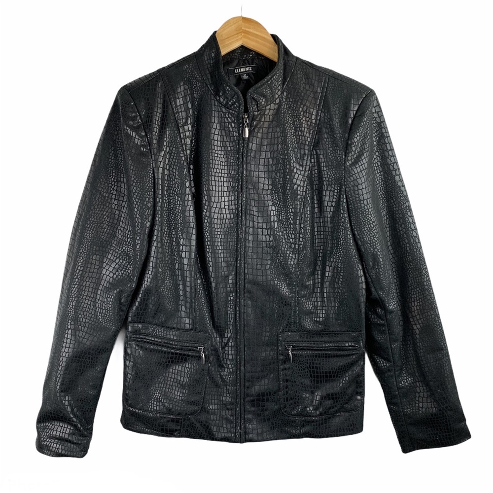 Faux Leather Black Crocodile Print Zip Up Jacket